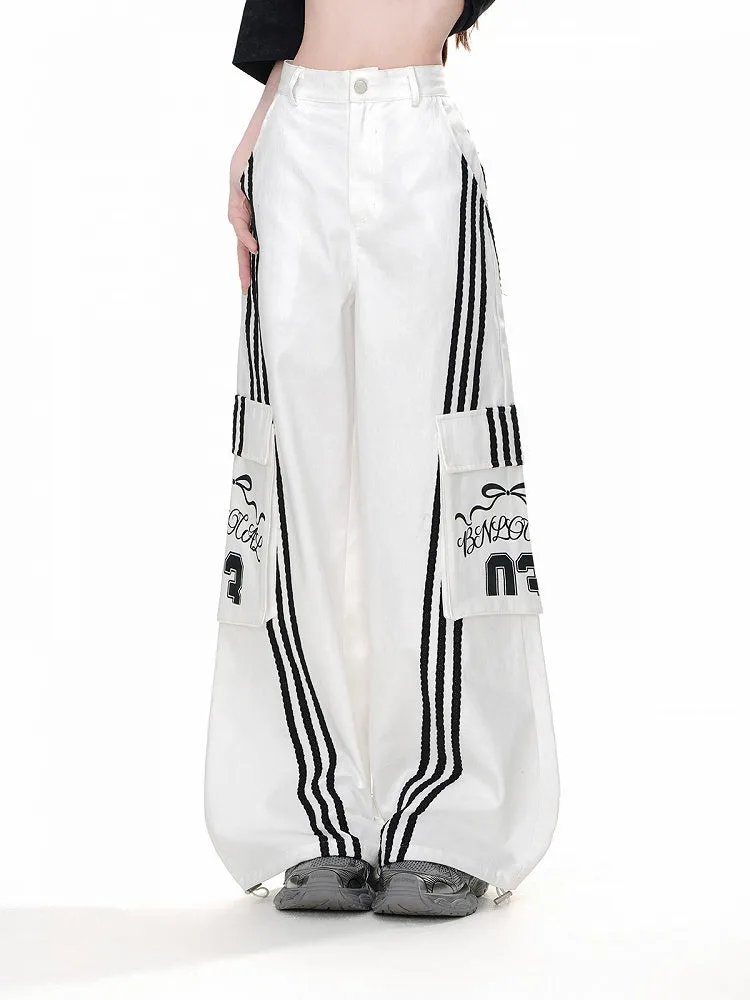 Pants Wide-leg Black Cargo Loose White Pockets