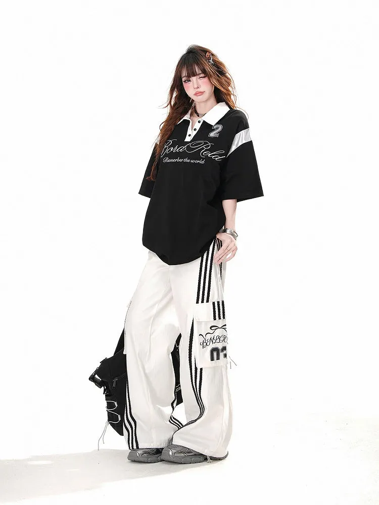 Pants Wide-leg Black Cargo Loose White Pockets