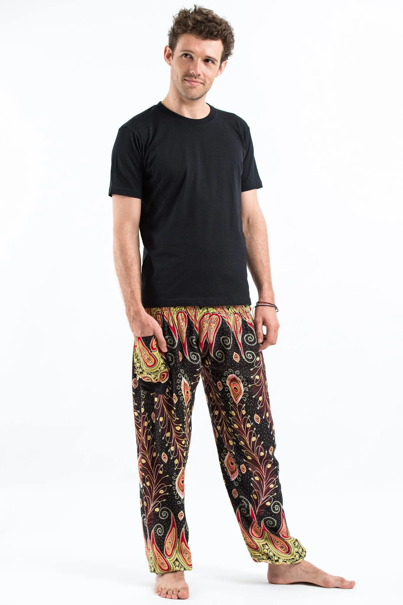 Peacock Paisley Unisex Harem Pants in Black
