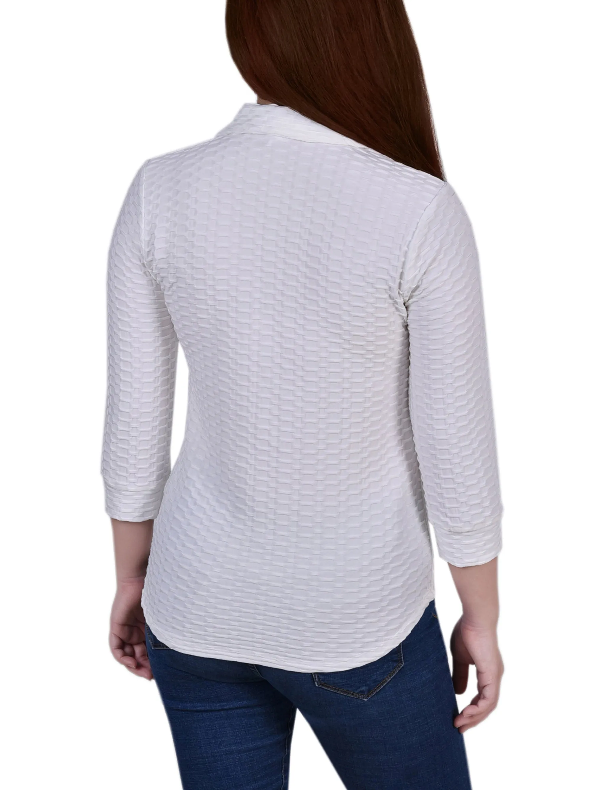 Petite 3/4 Sleeve Honeycomb Half Zip Top