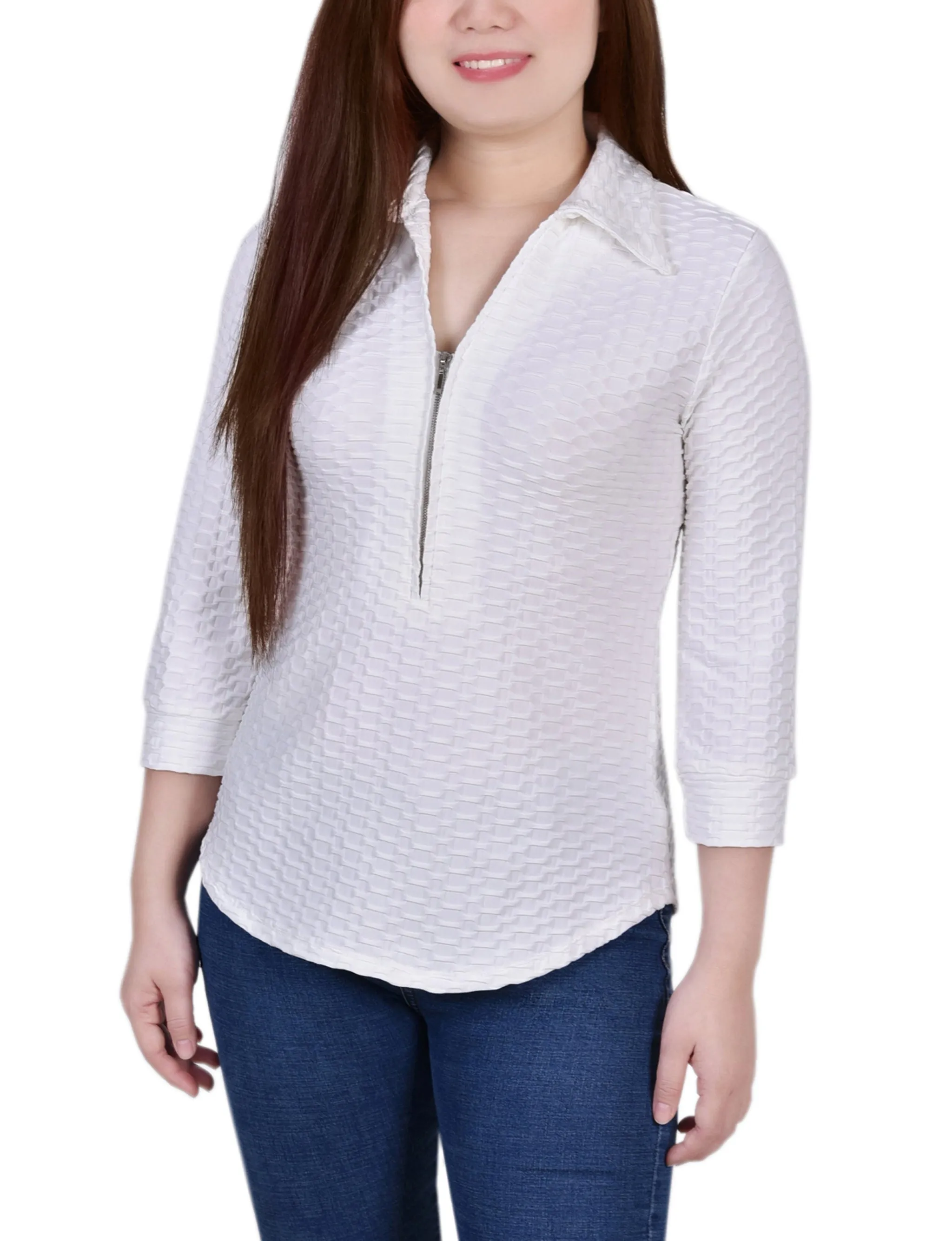 Petite 3/4 Sleeve Honeycomb Half Zip Top