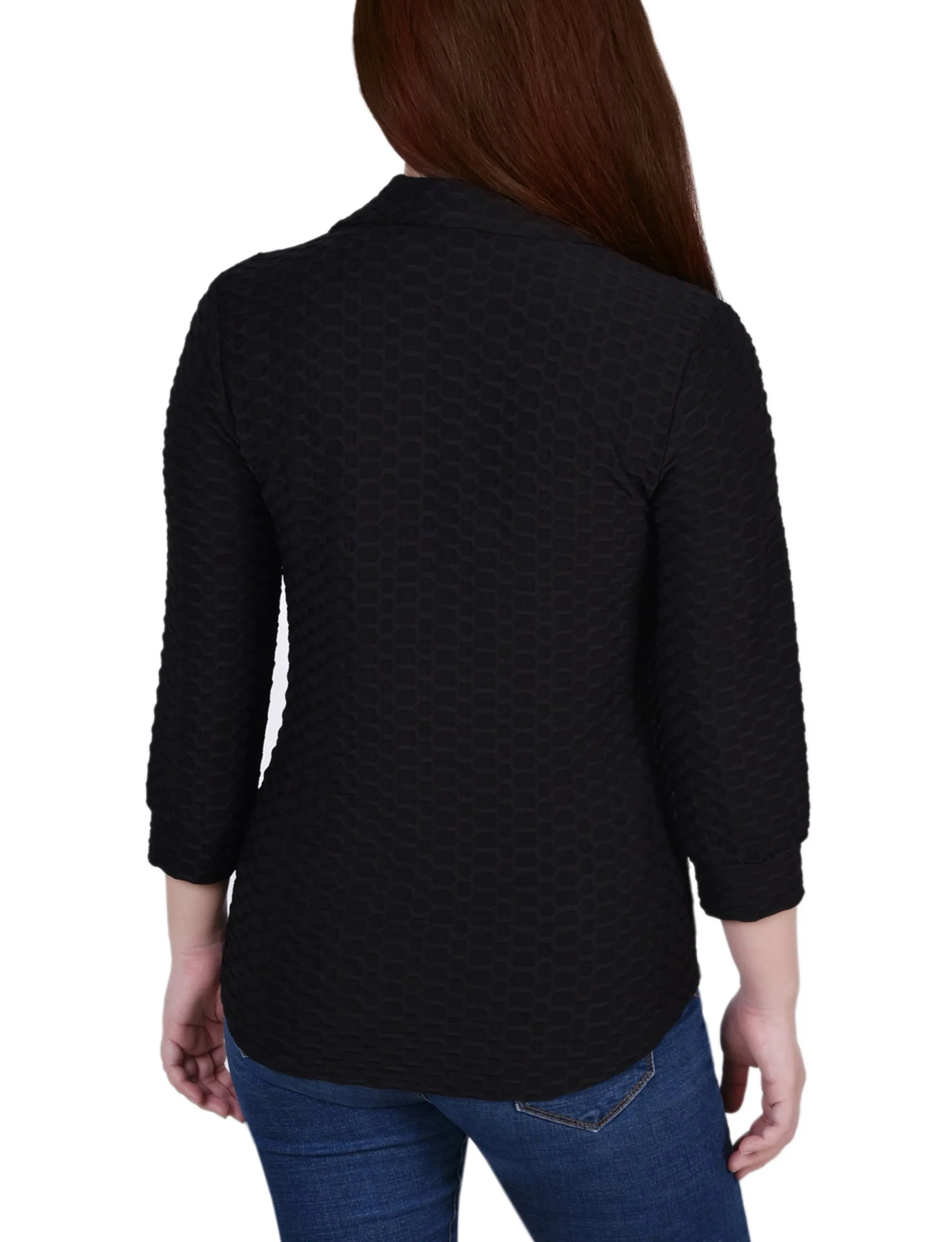 Petite 3/4 Sleeve Honeycomb Half Zip Top