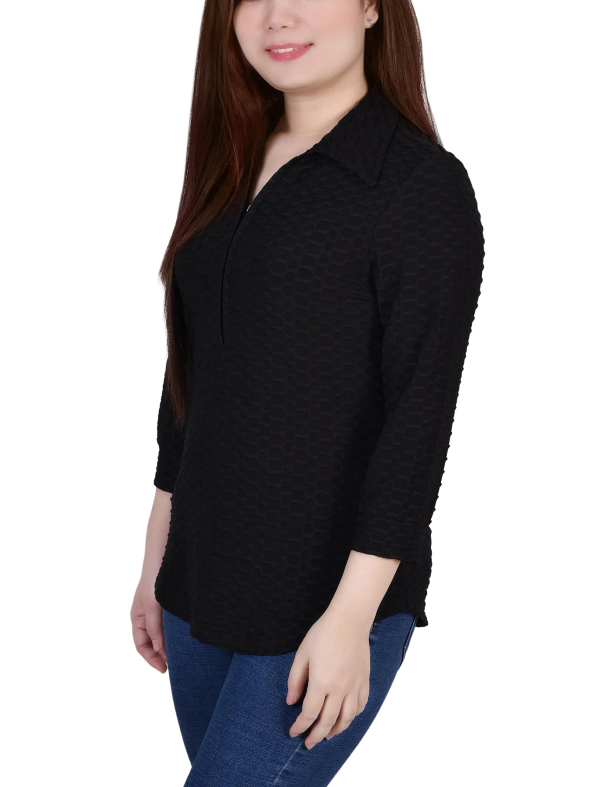 Petite 3/4 Sleeve Honeycomb Half Zip Top