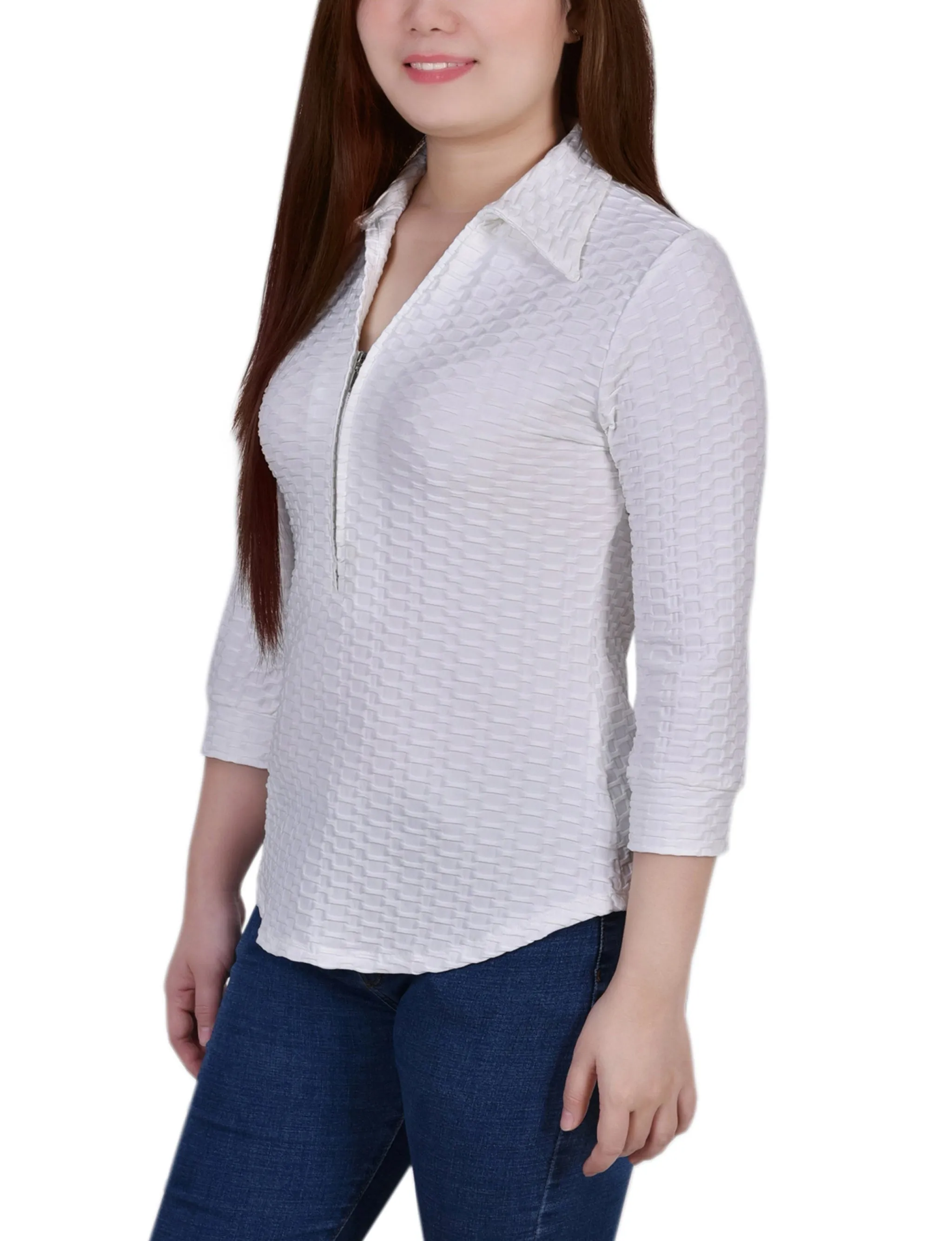 Petite 3/4 Sleeve Honeycomb Half Zip Top