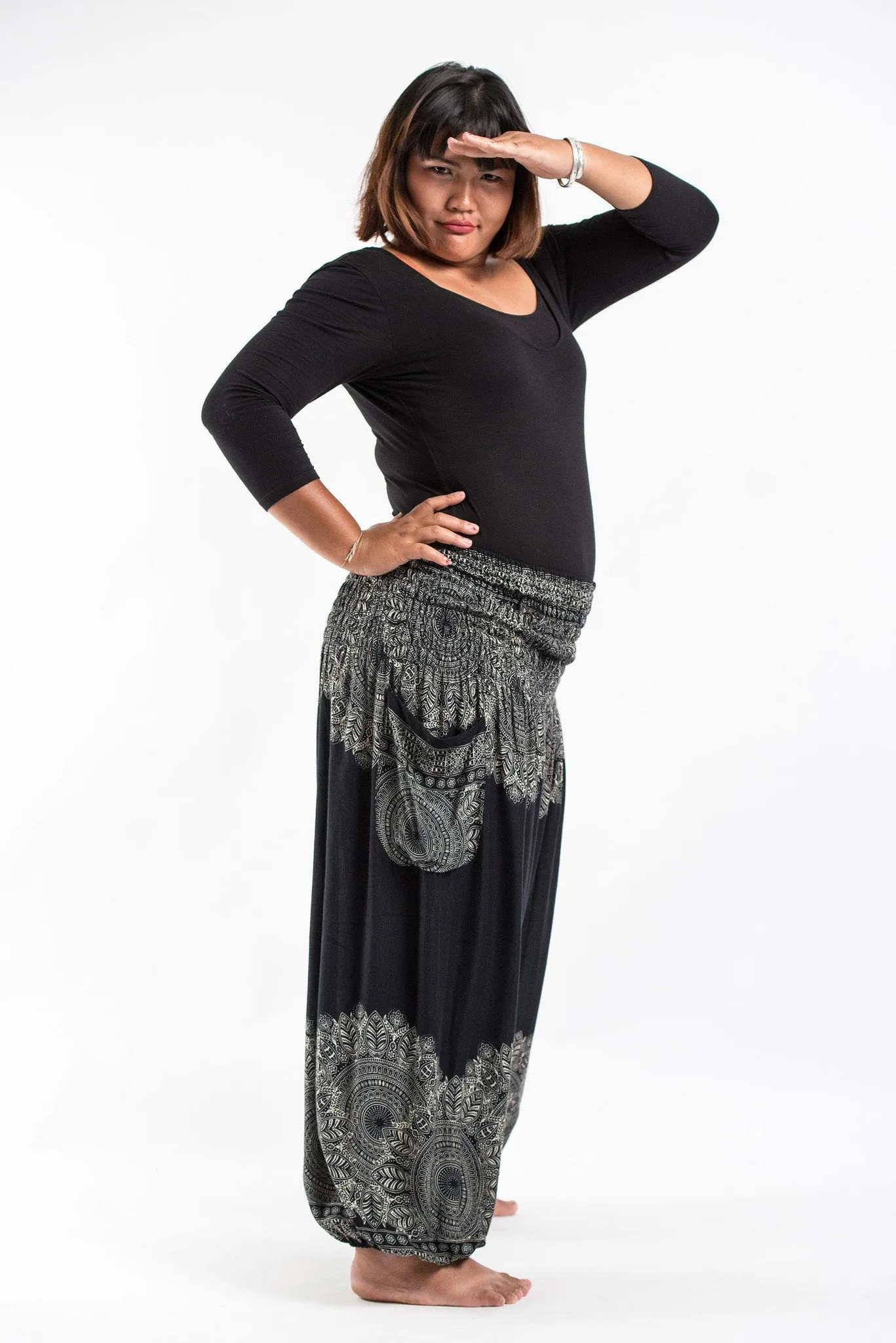 Plus Size Floral Mandalas Unisex Harem Pants in Black