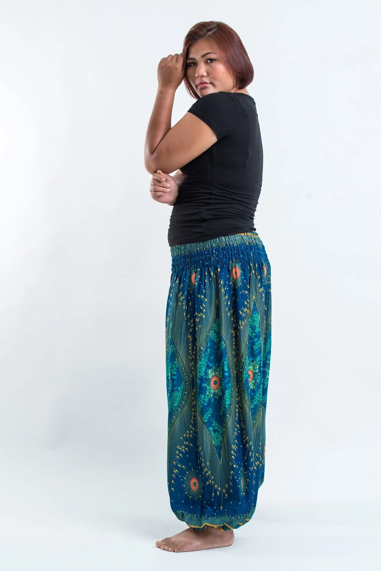 Plus Size Peacock Eye Unisex Harem Pants in Turquoise