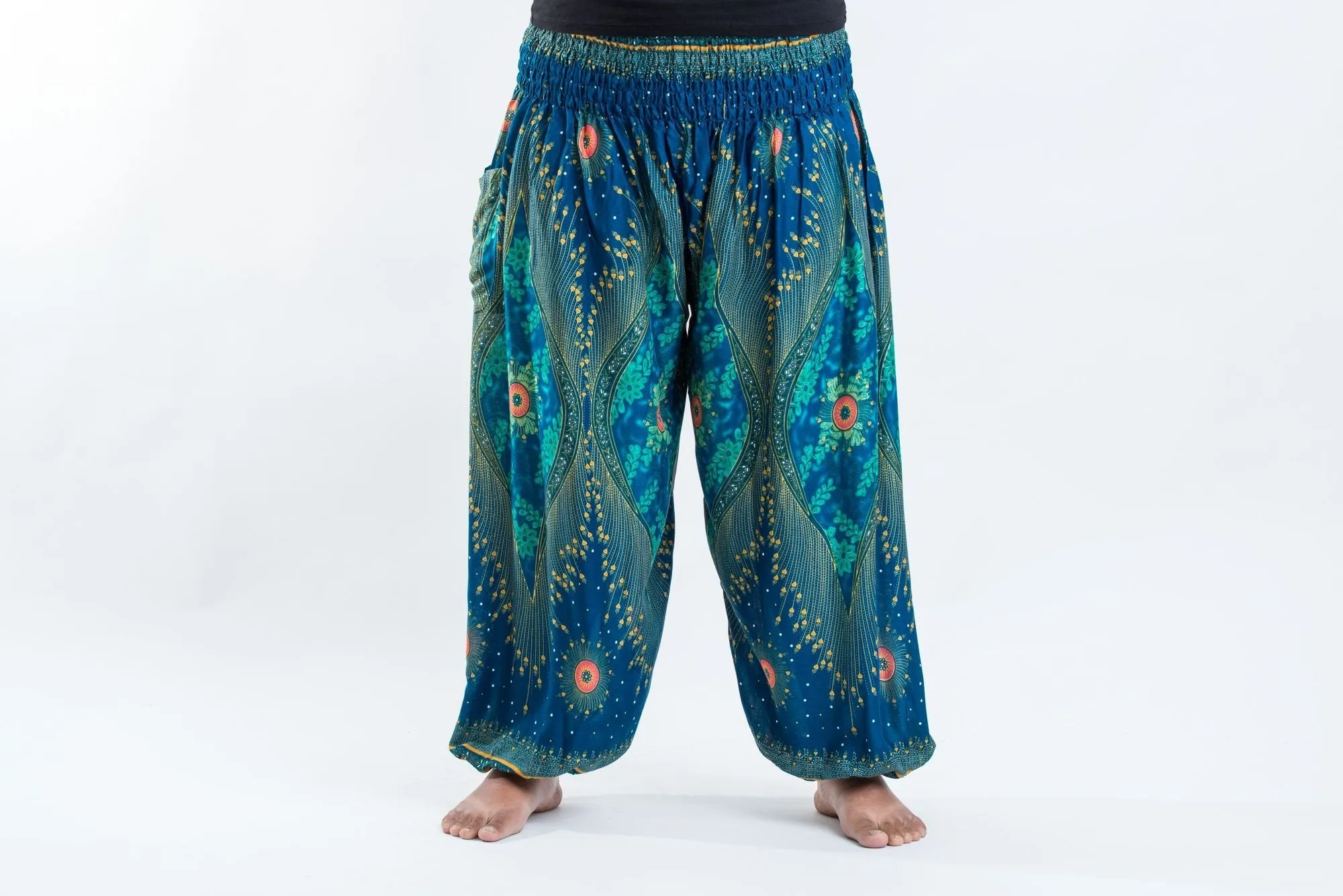 Plus Size Peacock Eye Unisex Harem Pants in Turquoise