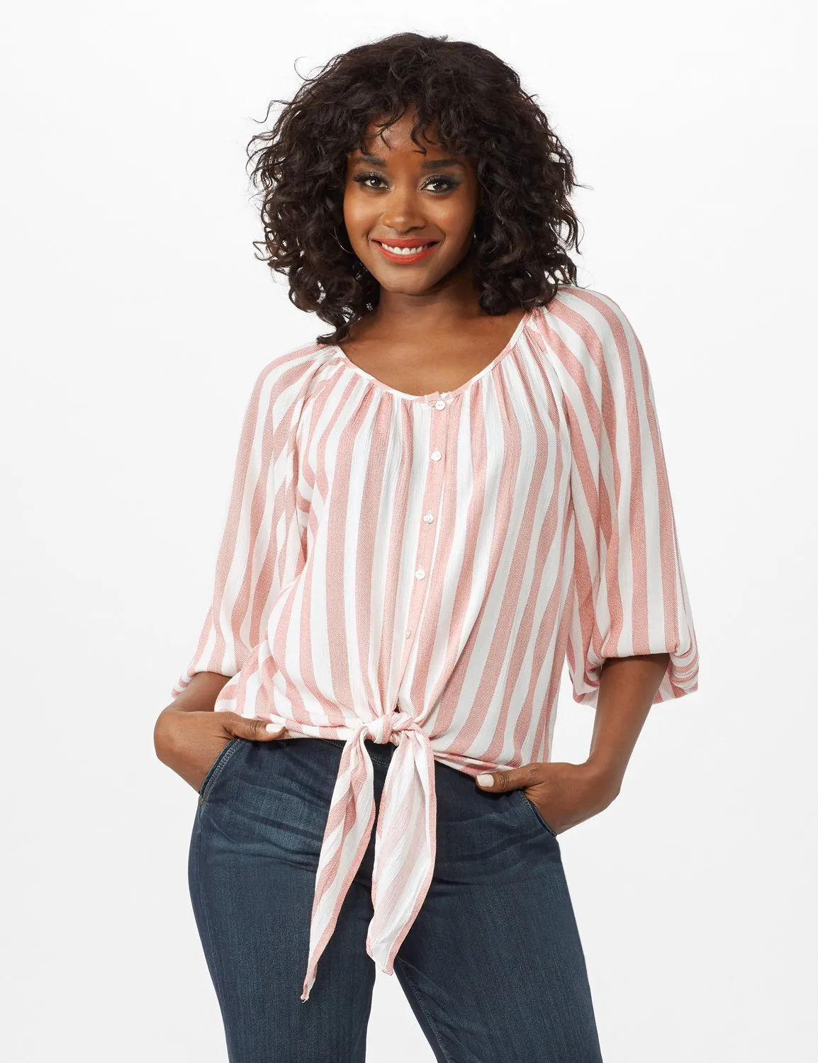 Stripe Button Front Peasant Top