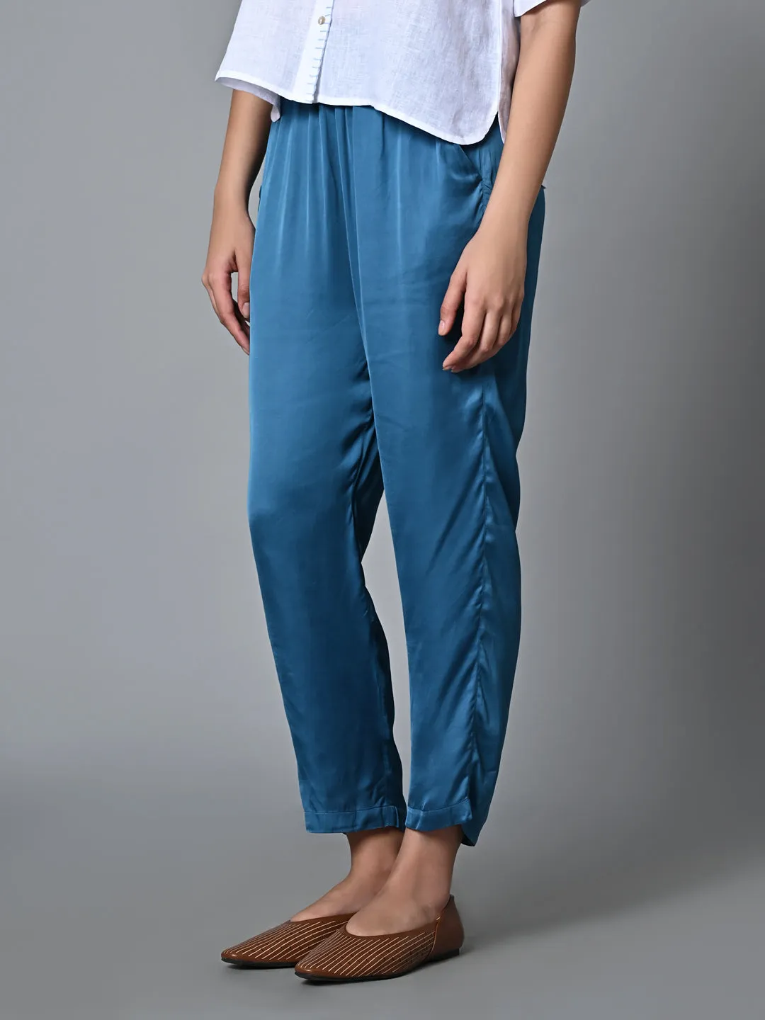 Women's Blue Viscose Modal Regular Fit Pant