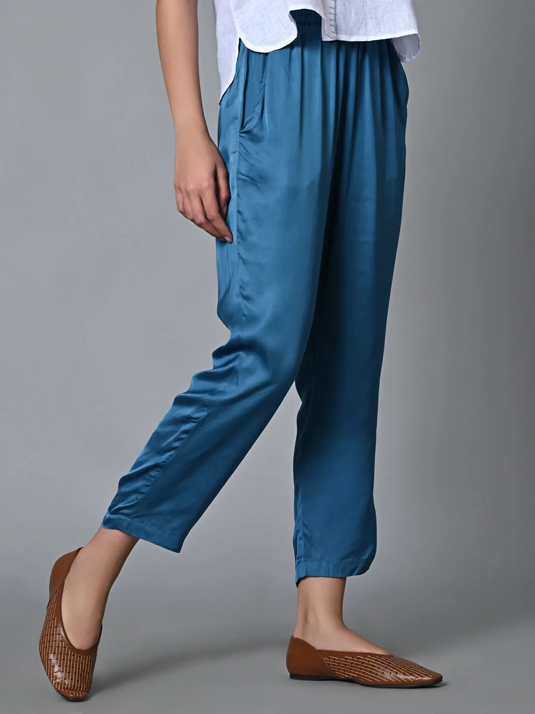 Women's Blue Viscose Modal Regular Fit Pant