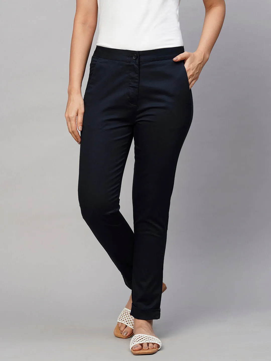 Women's Navy Cotton Lycra Slim Fit Pant