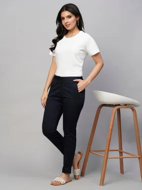 Women's Navy Cotton Lycra Slim Fit Pant