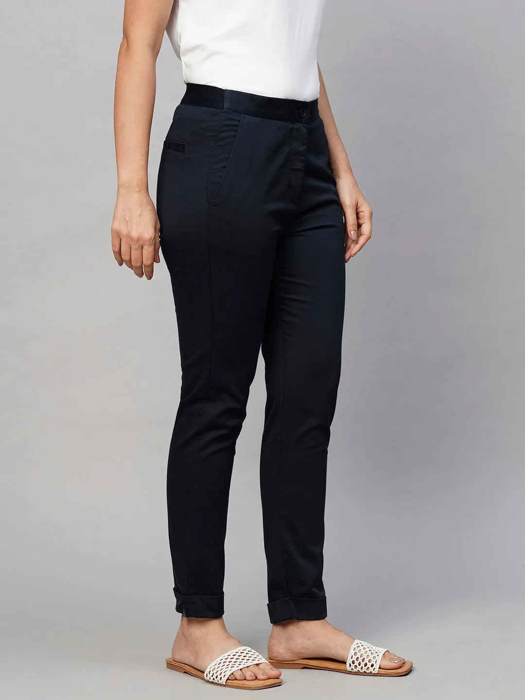Women's Navy Cotton Lycra Slim Fit Pant
