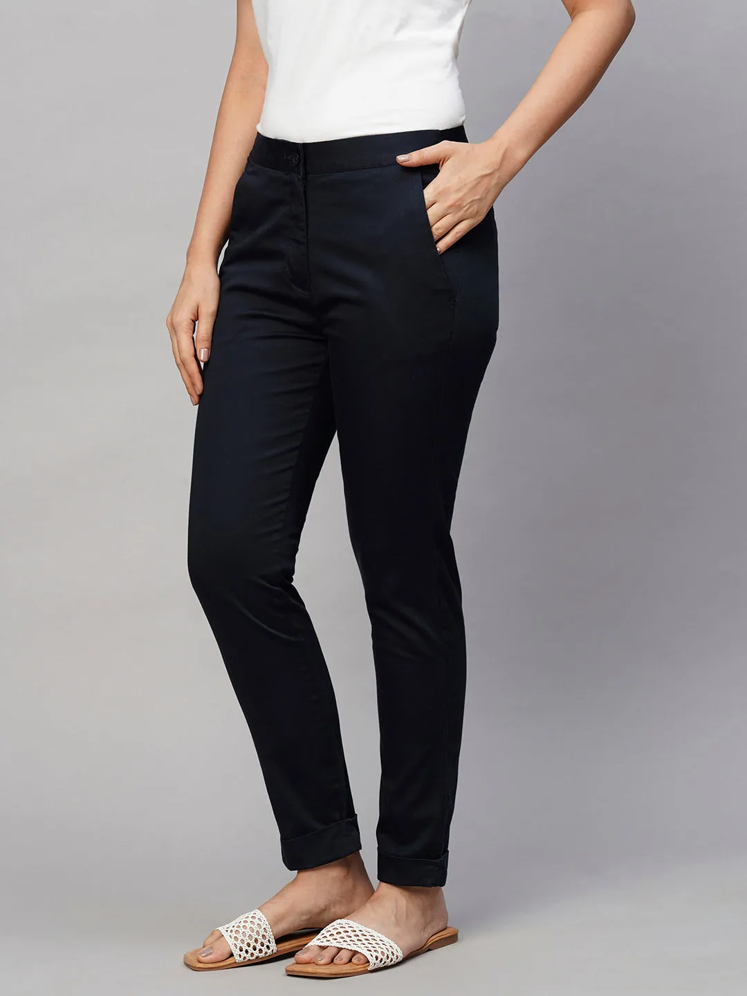 Women's Navy Cotton Lycra Slim Fit Pant
