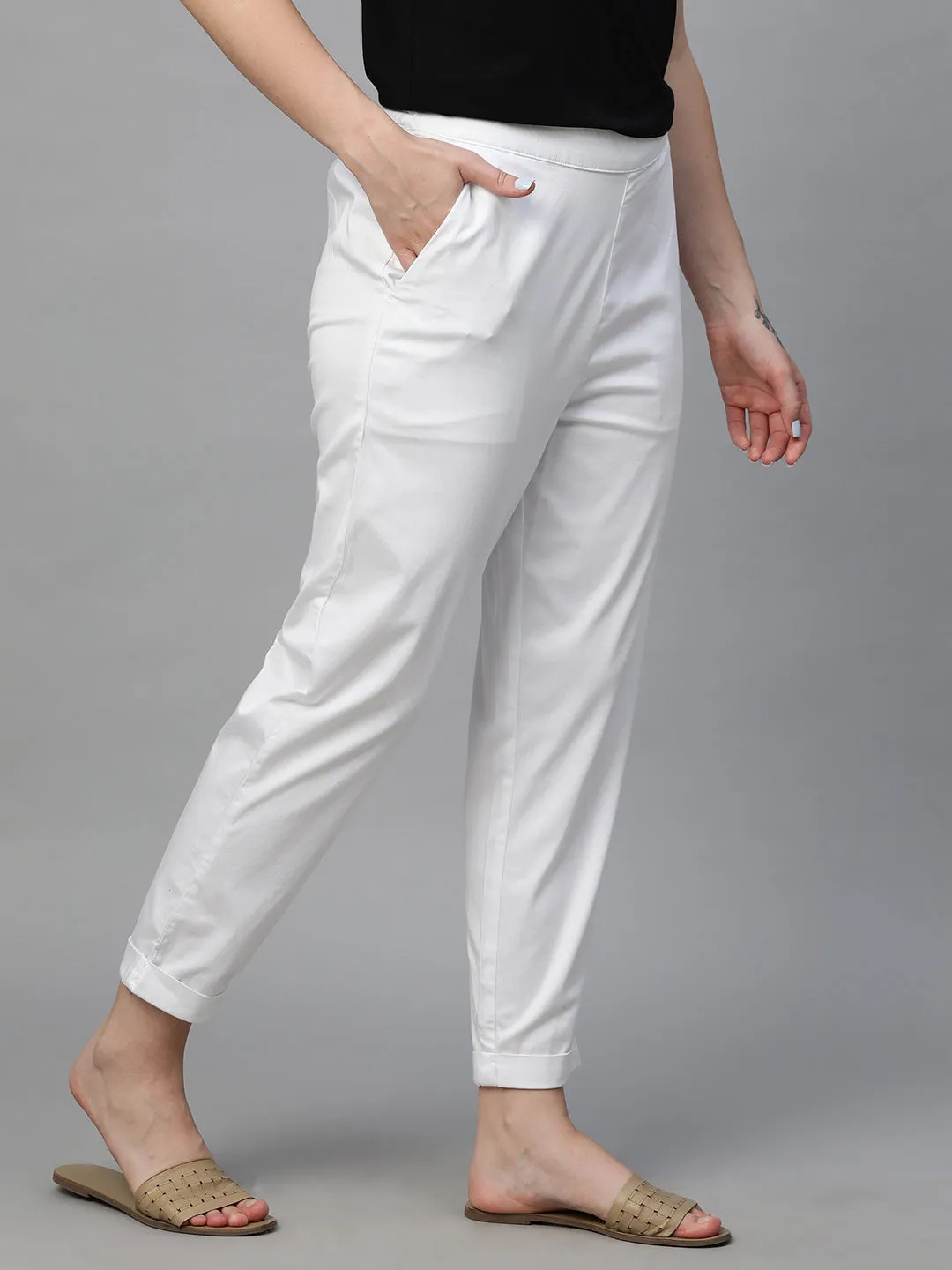 Women's White Cotton Elastane Regular Fit Pant