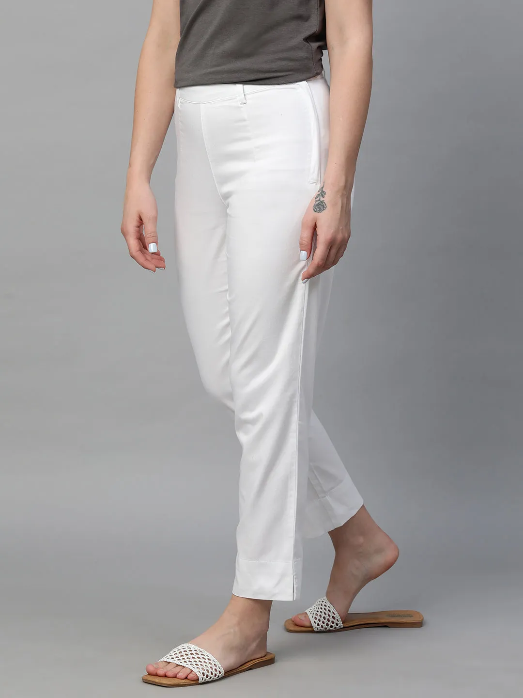 Women's White Cotton Elastane Regular Fit Pant
