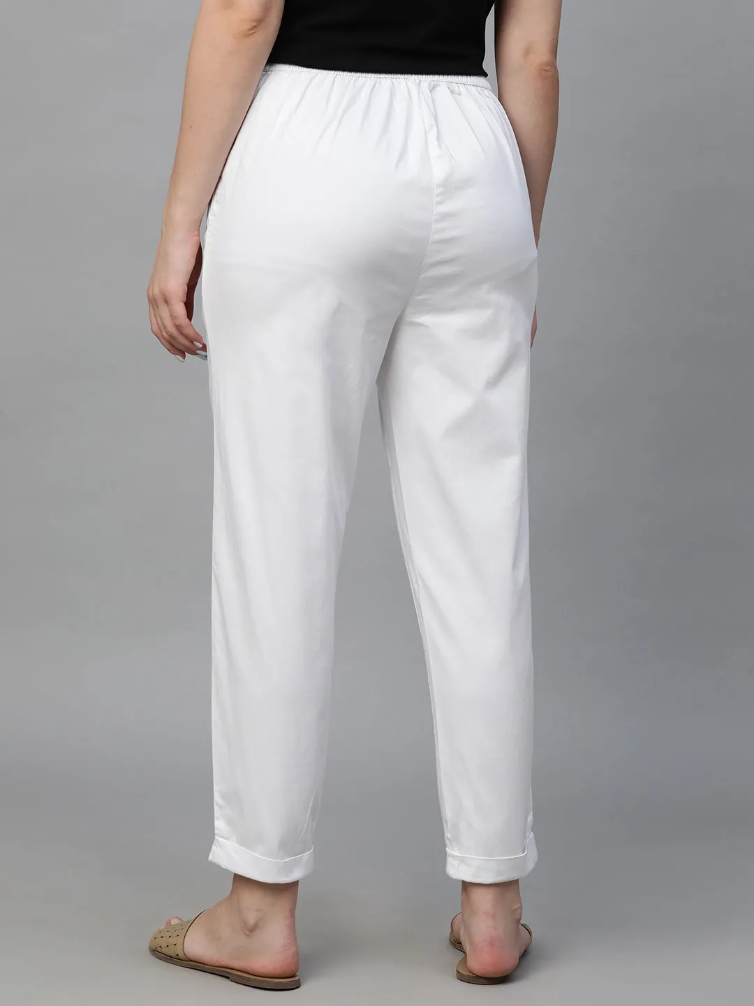 Women's White Cotton Elastane Regular Fit Pant