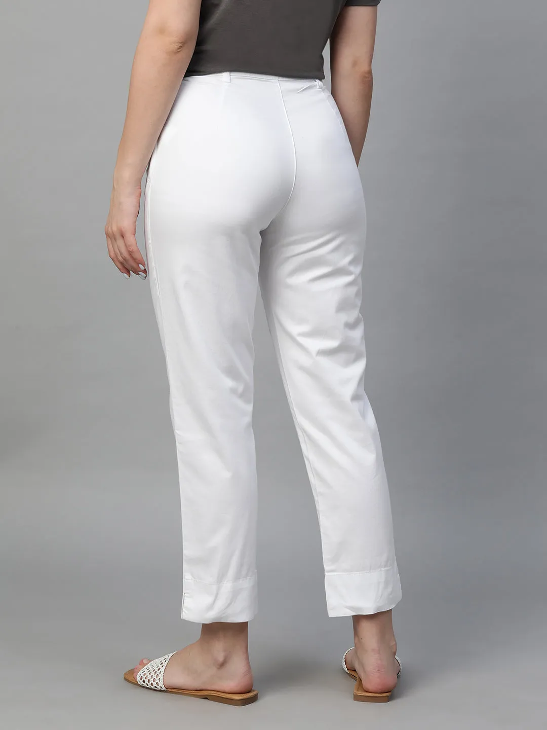 Women's White Cotton Elastane Regular Fit Pant