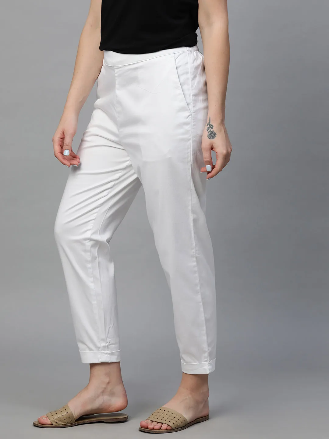 Women's White Cotton Elastane Regular Fit Pant