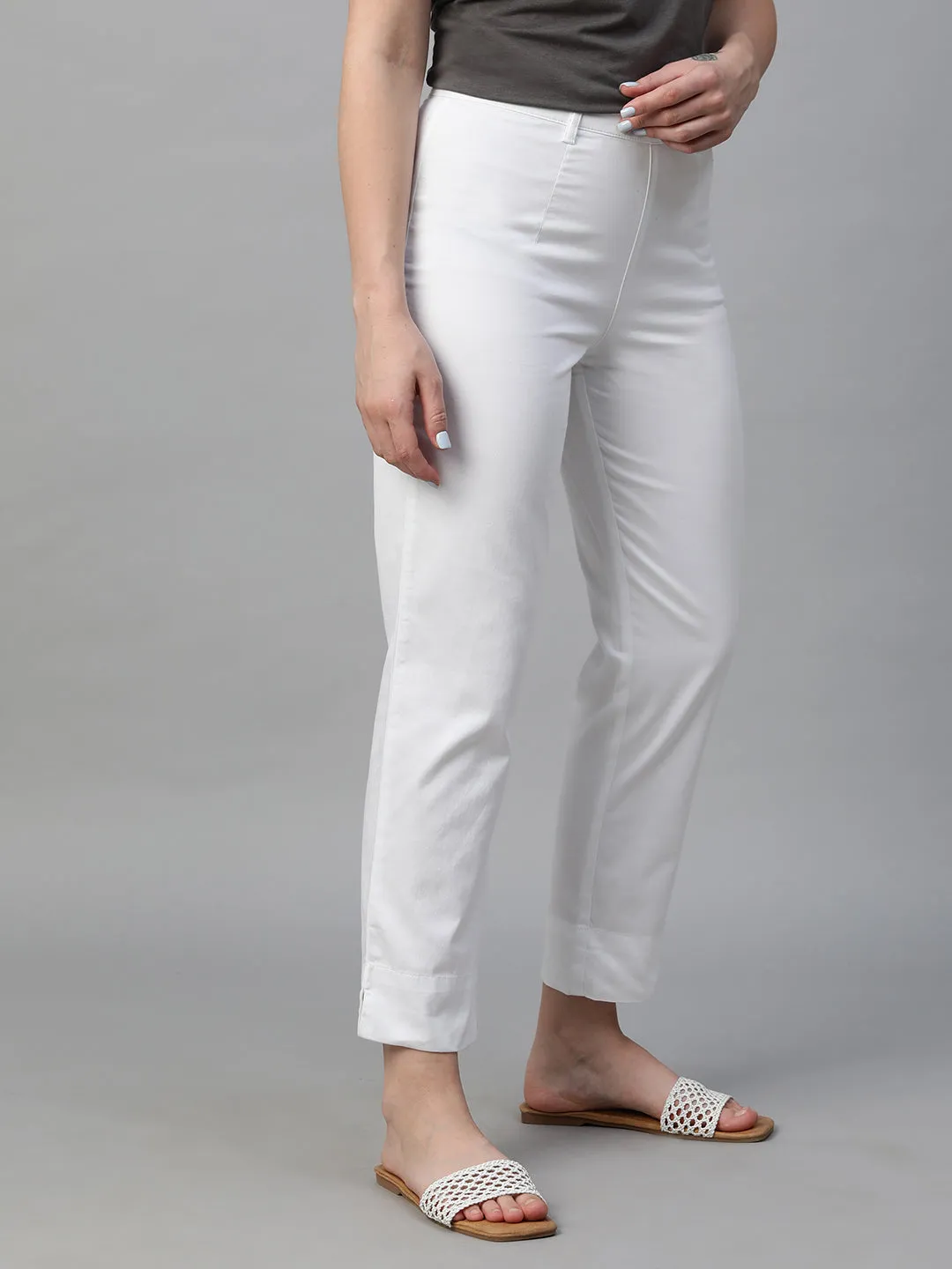Women's White Cotton Elastane Regular Fit Pant