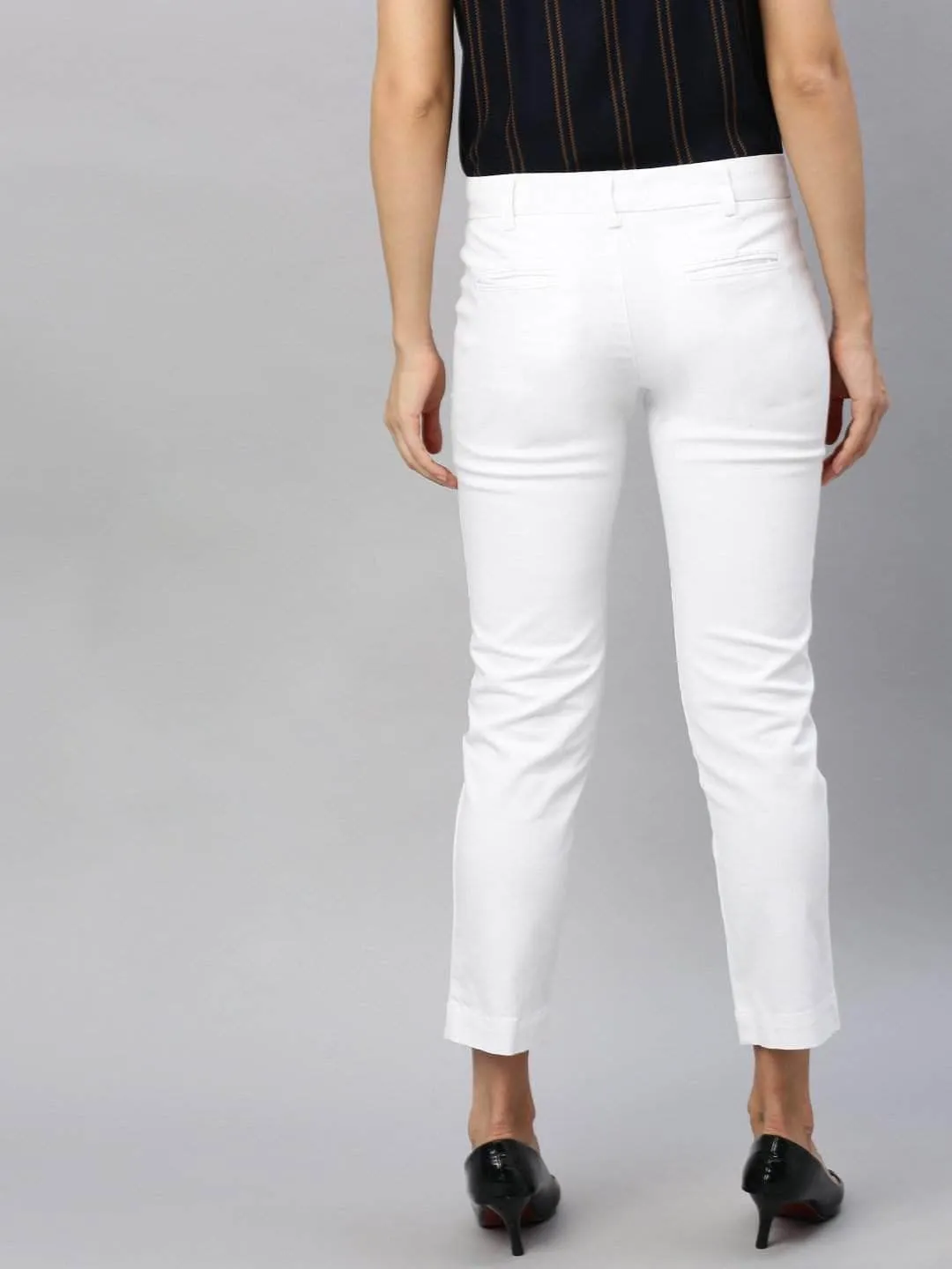Women's White Cotton Lycra Regular Fit Pant